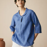 100% Linen Stripe Shawl V-Neck Half Sleeve Top