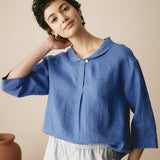 100% Linen Stripe Shawl V-Neck Half Sleeve Top