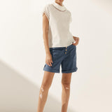 100% Linen Gingham Checked Cutout Turtleneck Top CAROL
