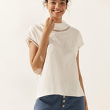 100% Linen Gingham Checked Cutout Turtleneck Top CAROL