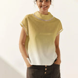 100% Linen Gingham Checked Cutout Turtleneck Top CAROL