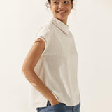 100% Linen Gingham Checked Cutout Turtleneck Top CAROL