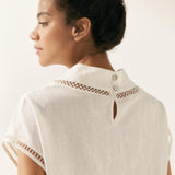 100% Linen Gingham Checked Cutout Turtleneck Top CAROL