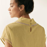 100% Linen Gingham Checked Cutout Turtleneck Top CAROL