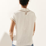 100% Linen Gingham Checked Cutout Turtleneck Top CAROL