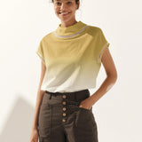 100% Linen Gingham Checked Cutout Turtleneck Top CAROL