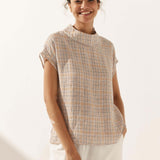 100% Linen Gingham Checked Cutout Turtleneck Top CAROL