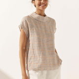100% Linen Gingham Checked Cutout Turtleneck Top CAROL
