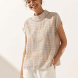 100% Linen Gingham Checked Cutout Turtleneck Top CAROL