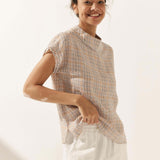 100% Linen Gingham Checked Cutout Turtleneck Top CAROL