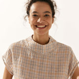 100% Linen Gingham Checked Cutout Turtleneck Top CAROL