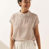 100% Linen Gingham Checked Cutout Turtleneck Top CAROL