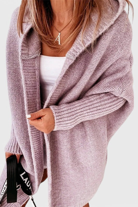 Pletený oversize cardigan s kapucí, barva: fialová