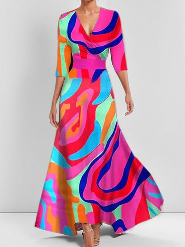 Mathilda – Elegantní maxi komplet – midi šaty v plážovém glamour stylu, barva: vícebarevná