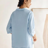 100% Linen Stripe Shawl V-Neck Half Sleeve Top
