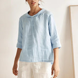 100% Linen Stripe Shawl V-Neck Half Sleeve Top