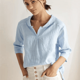 100% Linen Stripe Shawl V-Neck Half Sleeve Top