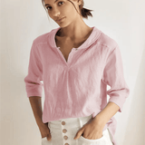 100% Linen Shawl V-Neck Half Sleeve Top JADE