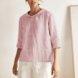 100% Linen Shawl V-Neck Half Sleeve Top JADE