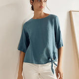 100% Linen Side-Tie Button-Back Boxy Top ELSIE