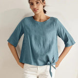 100% Linen Side-Tie Button-Back Boxy Top ELSIE