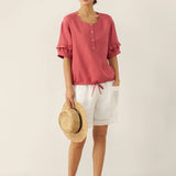 100% Linen Flutter Sleeve Drawstring Top ZOEY