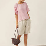 100% Linen Round Neck Back Opening Top URIELLE