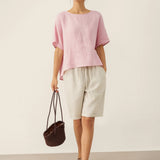 100% Linen Round Neck Back Opening Top URIELLE