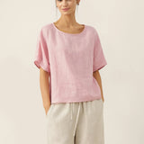 100% Linen Round Neck Back Opening Top URIELLE