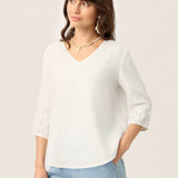 100% Linen Scoop Neck Slit Back Pullover Top FELICIA