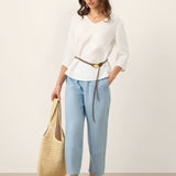 100% Linen Scoop Neck Slit Back Pullover Top FELICIA