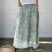 Blooming Spring Floral And Bumble Bee Pattern Printed Women's Linen Pocket Skirt