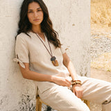 100% Linen Tie Cuff Notched V-Neck Top LORAN