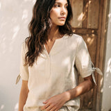 100% Linen Tie Cuff Notched V-Neck Top LORAN