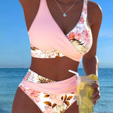 Marie – Bikiny s kontrastním květinovým vzorem a výřezem, barva: růžová