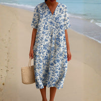 Magnolia - Ivory Dress Adorned with Porcelain Blue Floral Accents