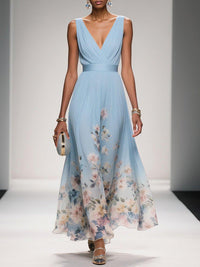 Paula | Světle modré dlouhé šifonové šaty s květy a výstřihem do V