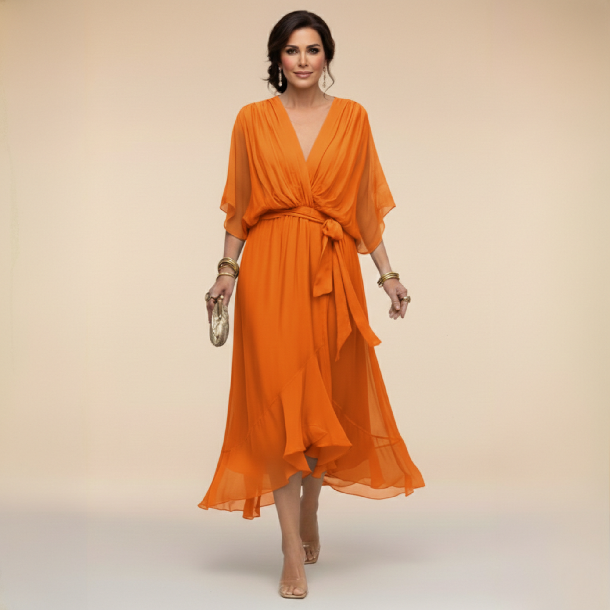 Regina – Šifonové šaty s výstřihem do V, barva: oranžová