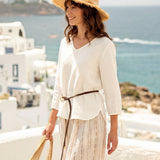 100% Linen Scoop Neck Slit Back Pullover Top FELICIA