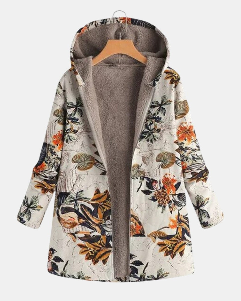 Elena – Boho sherpa kabát s kapucí a květinovým vzorem