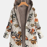 Elena – Boho sherpa kabát s kapucí a květinovým vzorem
