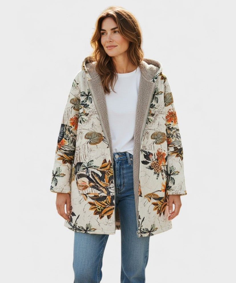 Elena – Boho sherpa kabát s kapucí a květinovým vzorem