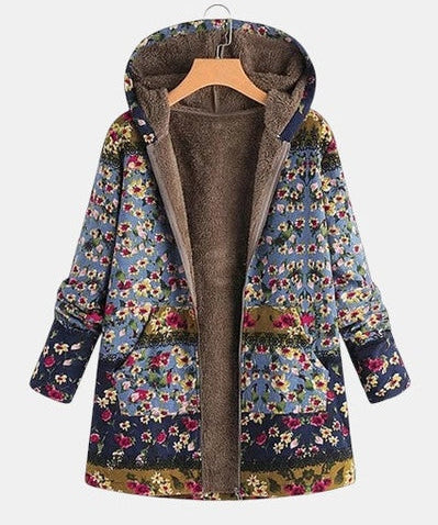 Elena – Boho sherpa pulovr s kapucí a květinovým vzorem