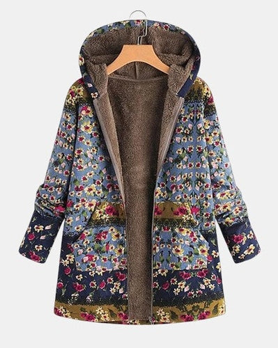 Elena – Boho sherpa pulovr s kapucí a květinovým vzorem