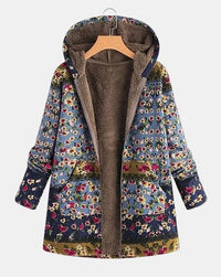 Elena – Boho sherpa pulovr s kapucí a květinovým vzorem
