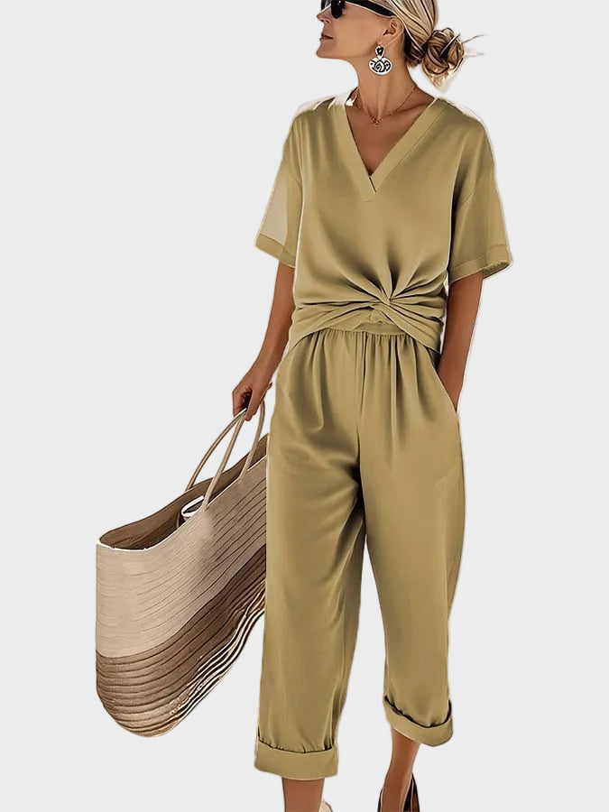 Ava - Elegantní dvoudílný set, barva: khaki