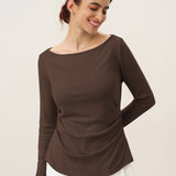 Wool Side Ruched Boat Neck Stretch Top VIVIEN