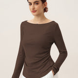 Wool Side Ruched Boat Neck Stretch Top VIVIEN