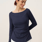 Wool Side Ruched Boat Neck Stretch Top VIVIEN
