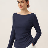Wool Side Ruched Boat Neck Stretch Top VIVIEN